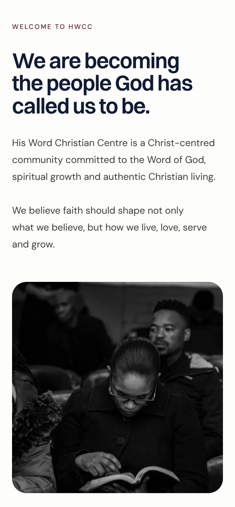 The welcome section of the church website on a phone